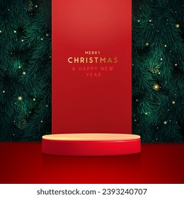 Holiday Christmas showcase background with 3d red podium and emerald Christmas tree texture. Abstract minimal scene. Vector illustration