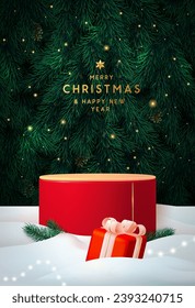 Holiday Christmas showcase background with 3d red podium and emerald Christmas tree texture. Abstract minimal scene. Vector illustration