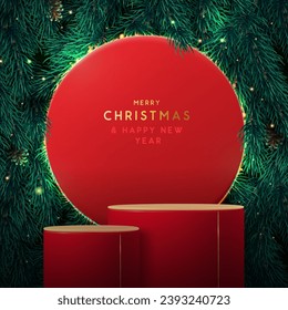 Holiday Christmas showcase background with 3d red podium and emerald Christmas tree texture. Abstract minimal scene. Vector illustration