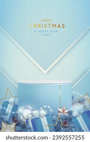 Holiday Christmas showcase blue background with 3d podium and Christmas decoration. Abstract minimal scene. Vector illustration