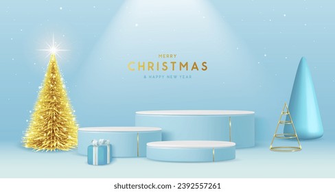 Navidad muestra el fondo azul de fondo con podos 3d, árbol de Navidad y caja de regalo. Resumen de la escena mínima. Ilustración del vector