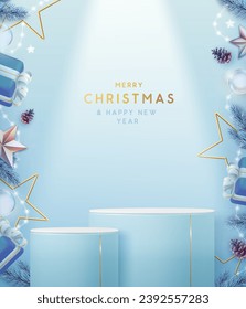 Holiday Christmas showcase blue background with 3d podium and Christmas decoration. Abstract minimal scene. Vector illustration