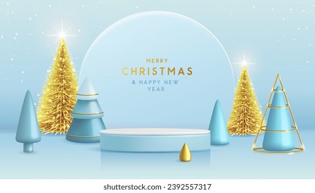 Holiday Christmas showcase blue background with 3d podiums, Christmas tree and neon arch. Abstract minimal scene. Vector illustration