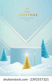 Holiday Christmas showcase blue background with 3d podium and Christmas trees. Abstract minimal scene. Vector illustration