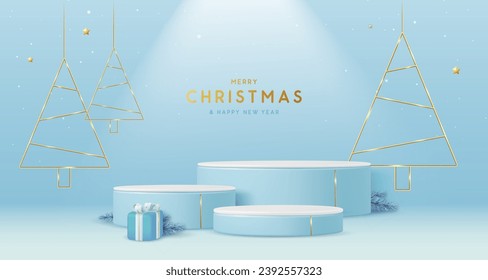 Holiday Christmas showcase blue background with 3d podiums, Christmas tree and gift box. Abstract minimal scene. Vector illustration