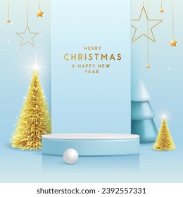 Holiday Christmas showcase blue background with 3d podium and Christmas tree. Abstract minimal scene. Vector illustration