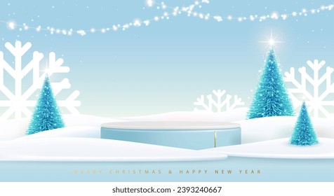 Holiday Christmas showcase blue background with 3d podium and Christmas tree. Abstract minimal scene. Vector illustration