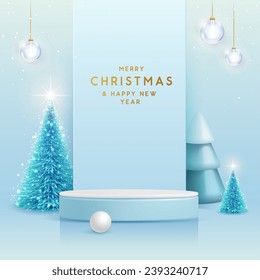 Holiday Christmas showcase blue background with 3d podium and Christmas tree. Abstract minimal scene. Vector illustration