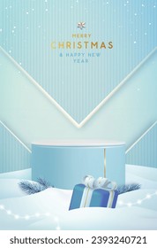 Navidad escaparate fondo azul con 3d podio, árbol de Navidad y caja de regalo. Resumen de la escena mínima. Ilustración del vector