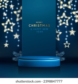 Holiday Christmas showcase blue background with 3d podium and Christmas garland. Abstract minimal scene. Vector illustration