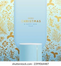 Holiday Christmas showcase blue background with 3d podium and Christmas floral decoration. New Year poster or greeting card. Vector illustration
