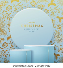 Holiday Christmas showcase blue background with 3d podium and Christmas floral decoration. New Year poster or greeting card. Vector illustration