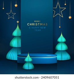 Holiday Christmas showcase blue background with 3d podium and Christmas tree. Abstract minimal scene. Vector illustration