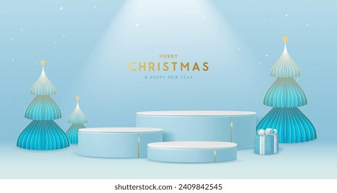 Holiday Christmas showcase blue background with 3d podium and Christmas tree. Abstract minimal scene. Vector illustration