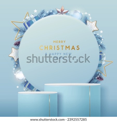 Holiday Christmas showcase blue background with 3d podium and Christmas decoration. Abstract minimal scene. Vector illustration