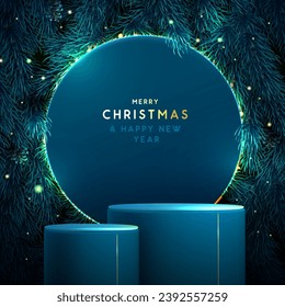 Holiday Christmas showcase blue sparkle background with 3d podium and Christmas tree texture. Abstract minimal scene. Vector illustration