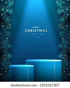 Holiday Christmas showcase blue sparkle background with 3d podium and Christmas tree texture. Abstract minimal scene. Vector illustration