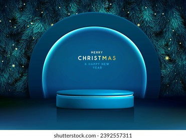 Holiday Christmas showcase blue sparkle background with 3d podium and Christmas tree texture. Abstract minimal scene. Vector illustration