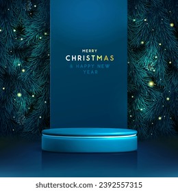 Holiday Christmas showcase blue sparkle background with 3d podium and Christmas tree texture. Abstract minimal scene. Vector illustration