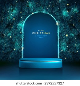 Holiday Christmas showcase blue sparkle background with 3d podium and Christmas tree texture. Abstract minimal scene. Vector illustration