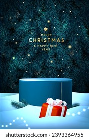 Navidad navideña muestra fondo brillante azul con podio 3d, caja de regalo y textura de árbol de Navidad esmeralda. Resumen de la escena mínima. Ilustración del vector