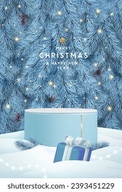 Holiday Christmas showcase blue sparkle background with 3d podium, gift box and Christmas tree texture. Abstract minimal scene. Vector illustration