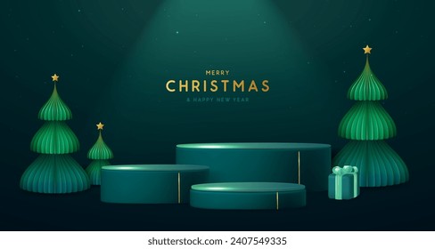 Holiday Christmas showcase emerald green background with 3d podium and Christmas tree. Abstract minimal scene. Vector illustration
