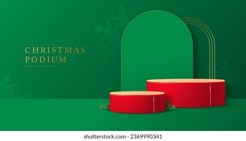 Holiday Christmas showcase green background with 3d podiums and arch. Abstract minimal scene. Vector illustration