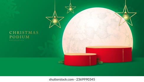 Holiday Christmas showcase green background with 3d podiums, full moon and electric lamps. Abstract minimal scene. Vector illustration