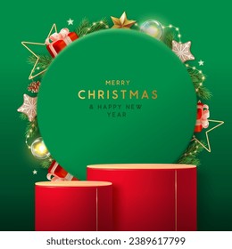 Holiday Christmas showcase green background with 3d red podium and Christmas decoration. Abstract minimal scene. Vector illustration