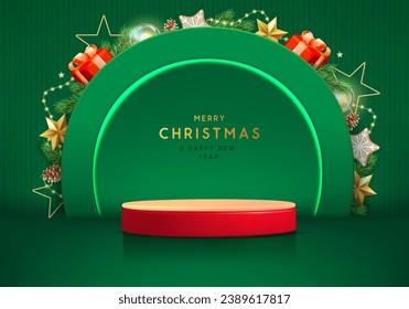 Holiday Christmas showcase green background with 3d red podium and Christmas decoration. Abstract minimal scene. Vector illustration