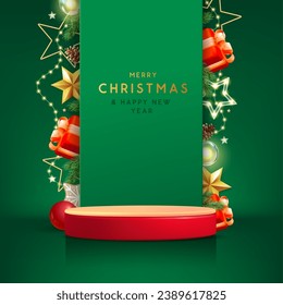 Holiday Christmas showcase green background with 3d red podium and Christmas decoration. Abstract minimal scene. Vector illustration