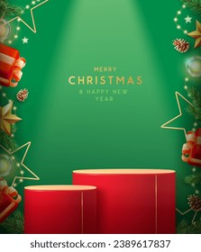 Holiday Christmas showcase green background with 3d red podium and Christmas decoration. Abstract minimal scene. Vector illustration