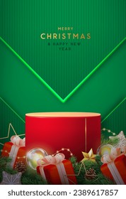 Holiday Christmas showcase green background with 3d red podium and Christmas decoration. Abstract minimal scene. Vector illustration