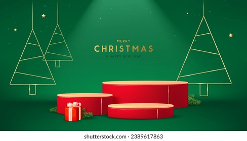 Navidad escaparate fondo verde con podos 3d, árbol de Navidad y caja de regalo. Resumen de la escena mínima. Ilustración del vector