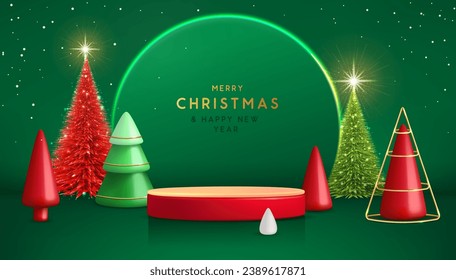 Holiday Christmas showcase green background with 3d podiums, Christmas tree and neon arch. Abstract minimal scene. Vector illustration