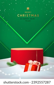 Holiday Christmas showcase green background with 3d podium, Christmas tree and gift box. Abstract minimal scene. Vector illustration