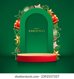 Holiday Christmas showcase green background with 3d red podium and Christmas decoration. Abstract minimal scene. Vector illustration