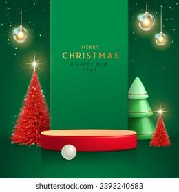 Holiday Christmas showcase green background with 3d podium and Christmas tree. Abstract minimal scene. Vector illustration