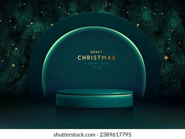 Navidad navideña muestra fondo brillante verde con podio 3d y textura de árbol de Navidad esmeralda. Resumen de la escena mínima. Ilustración del vector