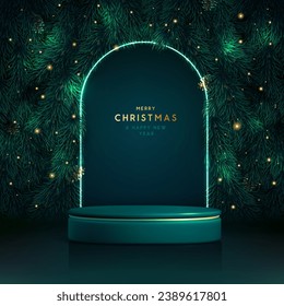 Holiday Christmas showcase green sparkle background with 3d podium and emerald Christmas tree texture. Abstract minimal scene. Vector illustration