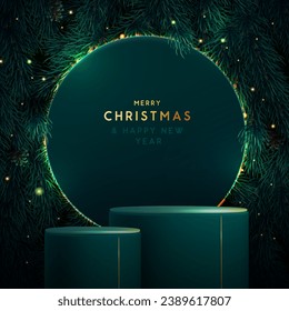 Holiday Christmas showcase green sparkle background with 3d podium and emerald Christmas tree texture. Abstract minimal scene. Vector illustration