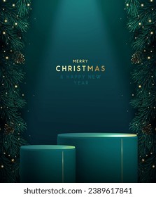 Holiday Christmas showcase green sparkle background with 3d podium and emerald Christmas tree texture. Abstract minimal scene. Vector illustration