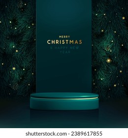 Holiday Christmas showcase green sparkle background with 3d podium and emerald Christmas tree texture. Abstract minimal scene. Vector illustration