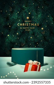 Holiday Christmas showcase green sparkle background with 3d podium, gift box and emerald Christmas tree texture. Abstract minimal scene. Vector illustration