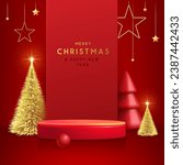 Holiday Christmas showcase red background with 3d podium and Christmas tree. Abstract minimal scene. Vector illustration
