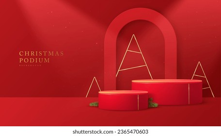 Holiday Christmas showcase red background with 3d podiums and arch. Abstract minimal scene. Vector illustration