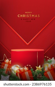 Holiday Christmas showcase red background with 3d podium and Christmas decoration. Abstract minimal scene. Vector illustration