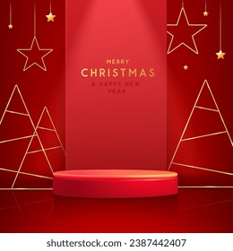 Holiday Christmas showcase red background with 3d podium and Christmas tree. Abstract minimal scene. Vector illustration.