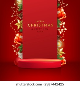 Holiday Christmas showcase red background with 3d podium and Christmas decoration. Abstract minimal scene. Vector illustration